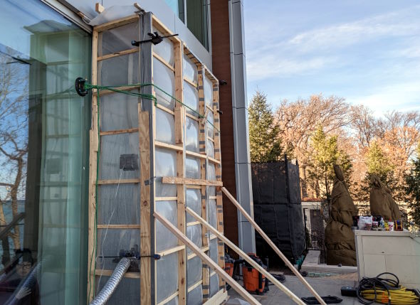 Hightower Labs conducting ASTM E1105 field testing for building envelope systems.